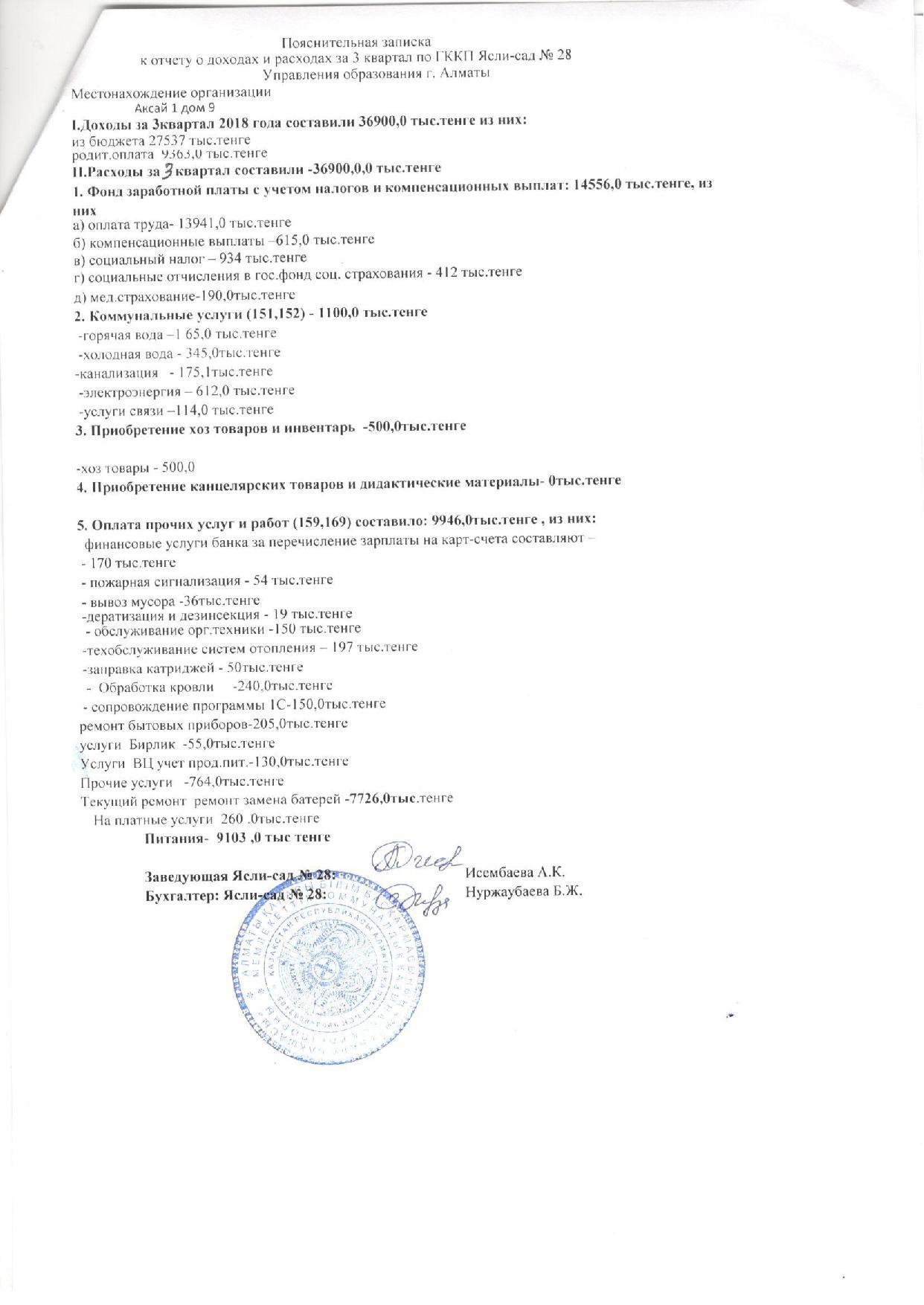 Отчет о доходах и расходах за 3 кв 2018